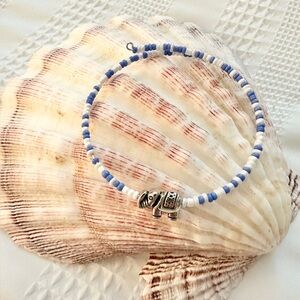 Handmade Seed Bead Memory Wire Bracelet Bangle Blue White Elephant Preppy Boho